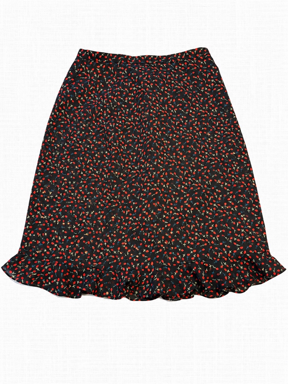 Jessica Women’s Size 8 Black Red Floral Ruffle Hem Midi Skirt 90s